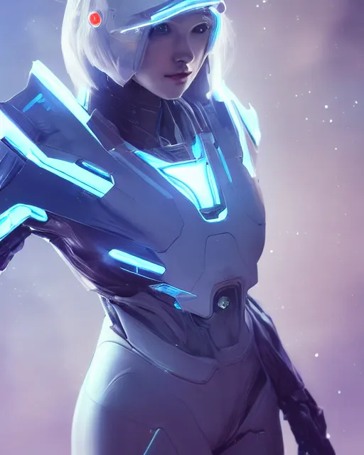 Image similar to perfect android girl on a mothership, warframe armor, beautiful face, scifi, futuristic, galaxy, nebula, raytracing, dreamy, long white hair, blue cyborg eyes, sharp focus, cinematic lighting, highly detailed, artstation, divine, by gauthier leblanc, kazuya takahashi, huifeng huang