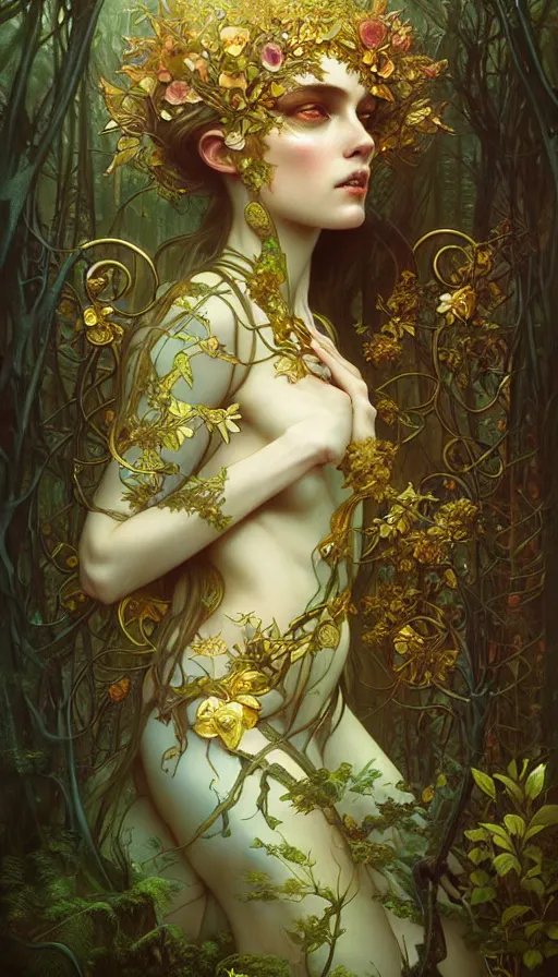 Image similar to consciousness concept art, lush forest, magic, gnarly details, gold, gems, dramatic lighting, denoised, painted by tom bagshaw, alphonse mucha