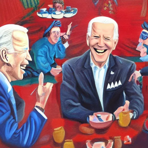 Prompt: a painting of joe biden laugh in tea party with taliban, ultra detailed content : face, gesture, body, mimic. random position content, frontal realistic, sharp focus, intricate, dynamic composition, 2 colors, delete duplicate contents.