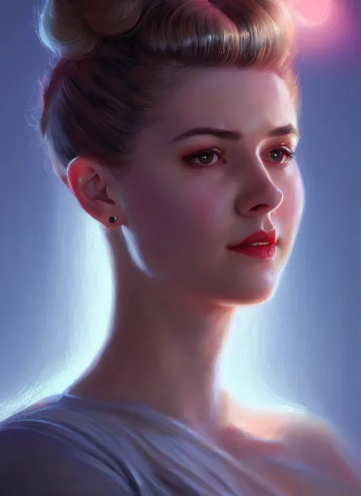 Image similar to portrait of betty cooper with fluffy bangs, bangs, 1 9 6 0 s, ponytail, curly bangs and ponytail, rounder face, intricate, elegant, glowing lights, highly detailed, digital painting, artstation, concept art, smooth, sharp focus, illustration, art by wlop, mars ravelo and greg rutkowski