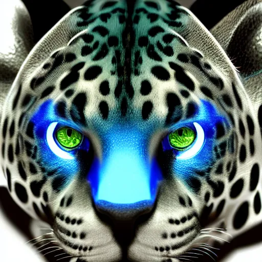 Prompt: metallic jaguar with glowing blue eyes, octane render