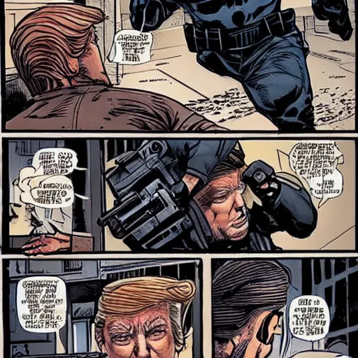 Image similar to The punisher fighting Donald trump. Epic fight scene by Belén Ortega.