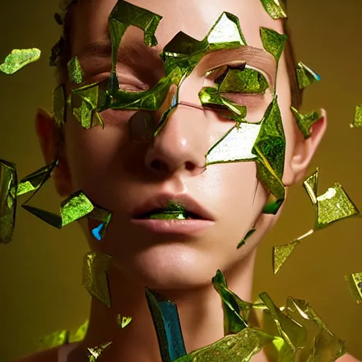 Prompt: flume and former cover art silk fabric skin big specular transparent glass shards of sharp glass cutting through skin skin peels like fabric dress skin future bass girl un wrapped statue bust curls of hair petite nature lush body photography model body art futuristic branches material style of Jonathan Zawada, Thisset colours