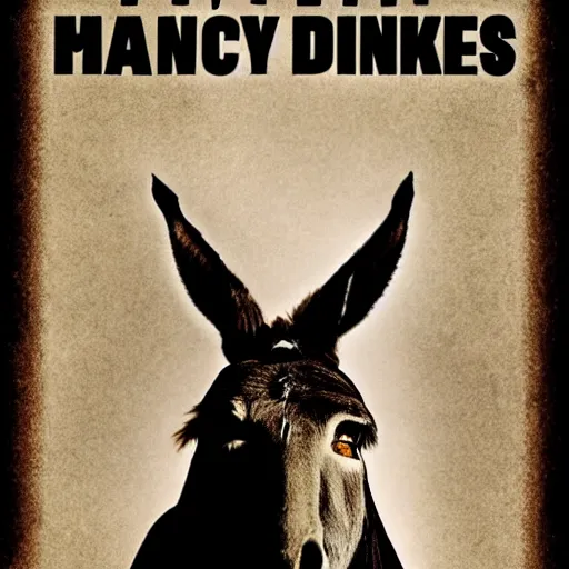 Prompt: horror film poster of a manic evil donkey