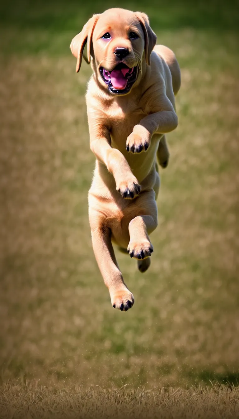 Prompt: highly detailed photo of cute running labrador puppy towards camera, photo taken with zoom lens, award winning photo, hyper realistic, concept art, 8 k detail post - processing