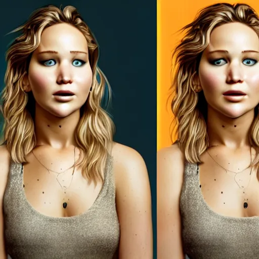 Image similar to beautiful serene intricate portrait of jennifer lawrence and jennifer lawrence, smiling softly, wearing casual clothes, chatting and laughing on the couch, interior lighting, peaceful living room interior, soft focus, 8 k, art by irakli nadar, hyperrealism, hyperdetailed, ultra realistic