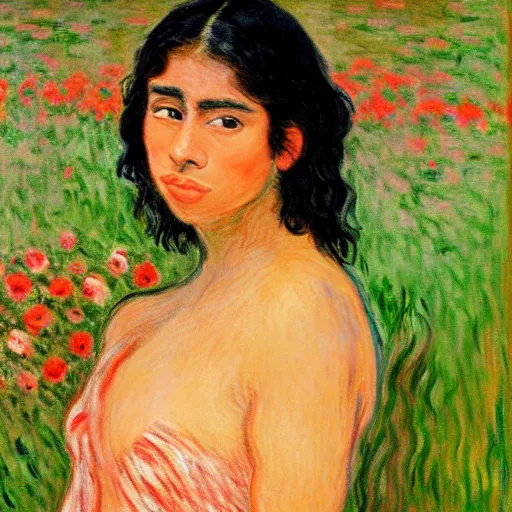 Image similar to beautiful tan latina woman, landscape, prominent rosy cheek bones, black hair and brown eyes, monet and da vinchi art style,