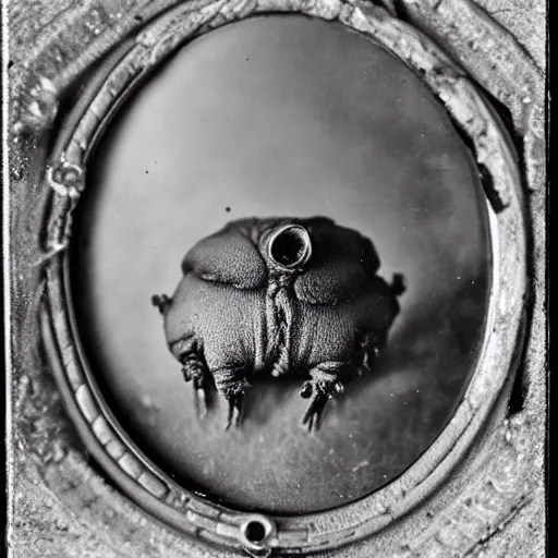 Prompt: tardigrade!!! daguerreotype portrait photograph. inspired by gerard grom and ansel adams. beautiful. cute. happy. highly detailed. old timey.