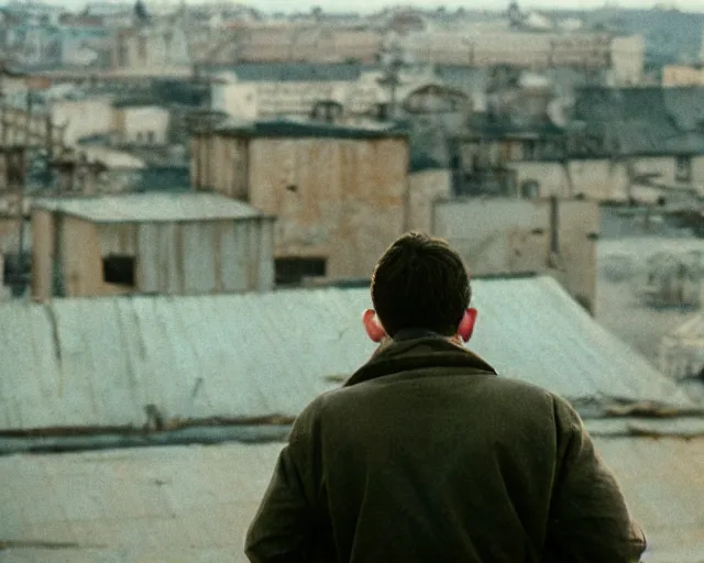 Image similar to lomo photo of man standing on the roof of soviet hrushevka, small town, cinestill, bokeh, out of focus