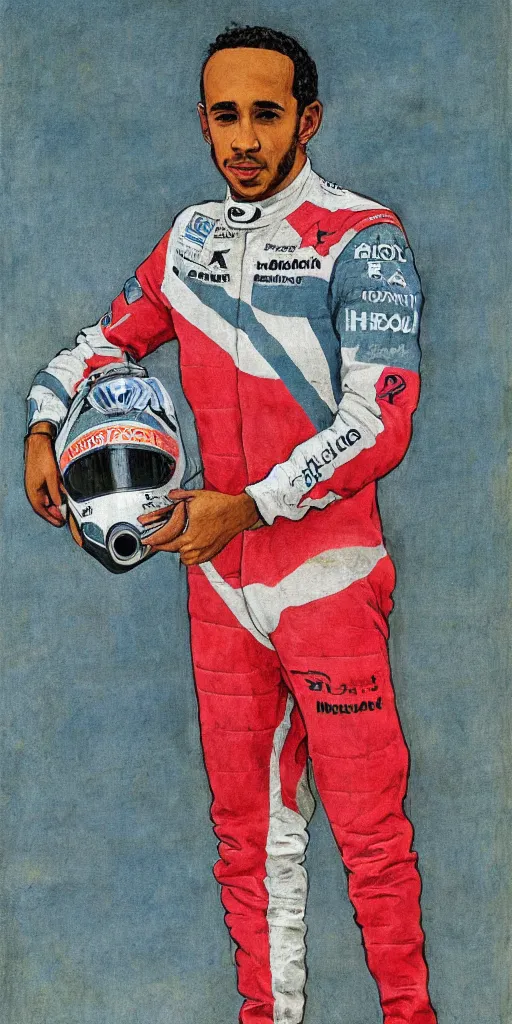 Prompt: A portrait of Lewis Hamilton in his racing uniform by William Blake