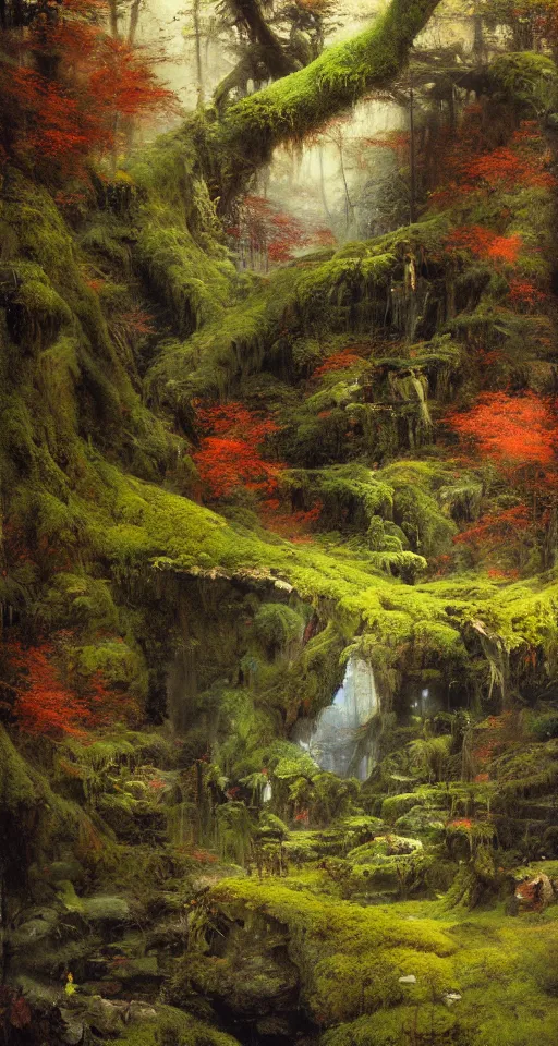 Image similar to ancient forest, moss, waterfall, intricate, vivid colors, brush strokes, elegant, highly detailed, richard schmid, john park, ruan jia, jeffrey catherine jones