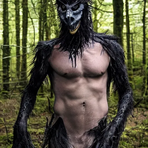 Image similar to !! werecreature consisting of male human and crow, photograph captured in a forest