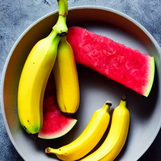 Image similar to a banana sitting in a bowl with the skin of a watermelon