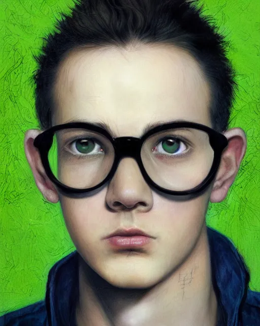 Prompt: portrait of 1 7 - year - old boy thin face, black hair, and bright green eyes. wearing round glasses held together with a lot of scotch tape. a very thin scar on his forehead that is shaped like a bolt of lightning, hyper realistic face, beautiful eyes, fantasy art, in the style of greg rutkowski, intricate, hyper detailed, smooth