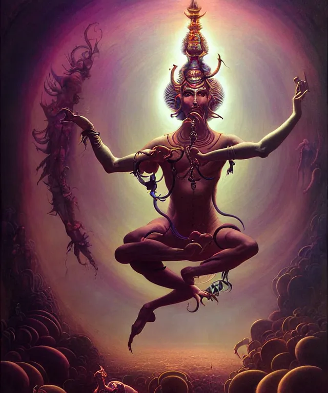 Prompt: shiva dancing in a futuristic holographic displays in the style of peter mohrbacher, wayne barlowe, gustav moreau, bussiere, roberto ferri, santiago caruso, luis ricardo falero, austin osman spare,