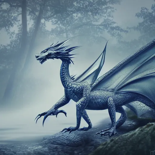 Image similar to peaceful dragon in a beautiful, misty forest, leaning over a steep hill, elongating its neck to sip water from the flowing, turbulent river, trending on artstation, intricately defined, complexly detailed, robustly ordinated, 4 k quality, digital art