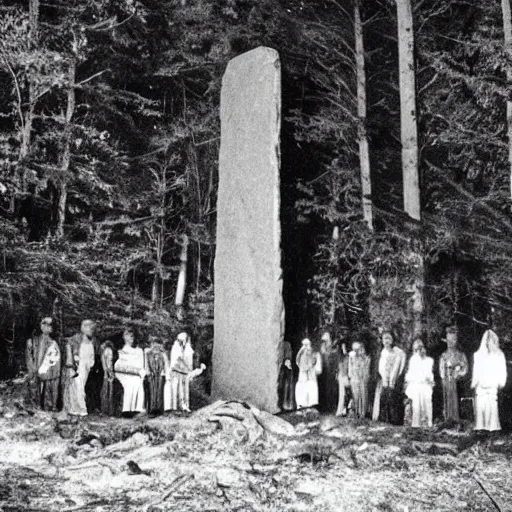 Image similar to old photograph of a cult surrounding a giant alien monolith in a haunted forest, epic composition