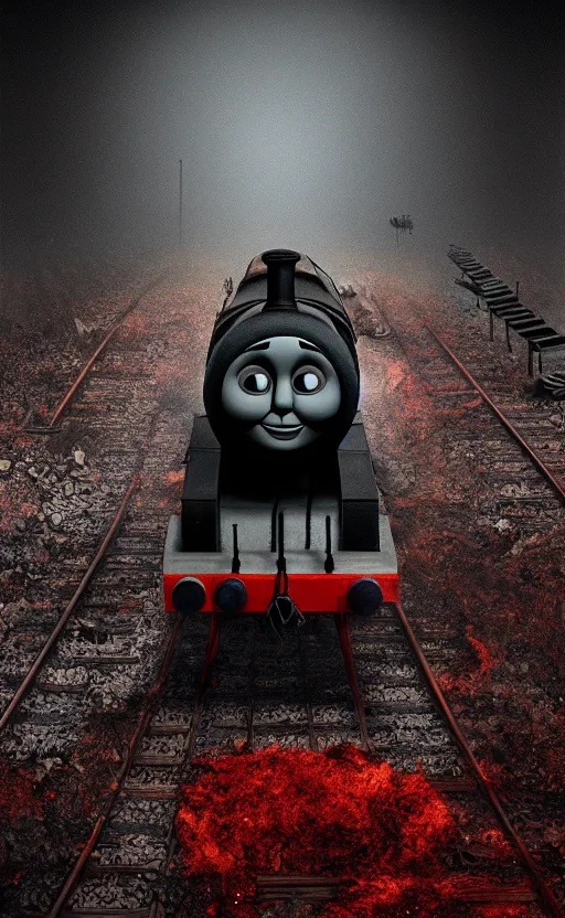 Image similar to thomas the tank engine in style of zdzisław beksinski, extremely dramatic lighting, 8 k, tendrils, black, darkness, black slime tendrils, infected, rust, body horror, thomas the train, thomas the tank engine face, horror,