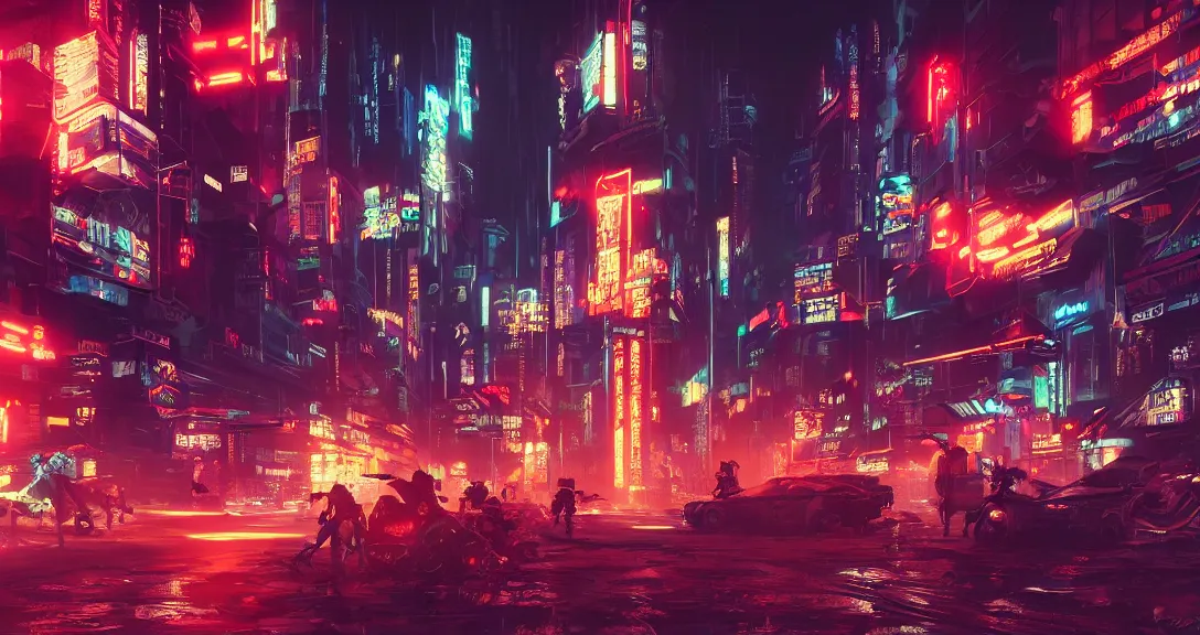 Image similar to cyberpunk city, neon signs, robot samurai fighting cyborg cowboys, dark, apocalyptic, intricate, detailed, volumetric lighting, scenery, digital painting, highly detailed, artstation, sharp focus, illustration, concept art