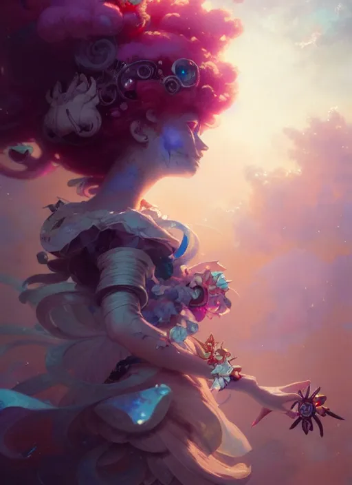 Image similar to close up picture of an maximalist dress magical girl, neat hair, extremely beautiful and aesthetic and detailed cute face and eyes, wipe out evils with cute familiar sprites, chiaroscuro, intricate, masterpiece, fantasy illustrations by peter mohrbacher and anato finnstark and jeremy lipking