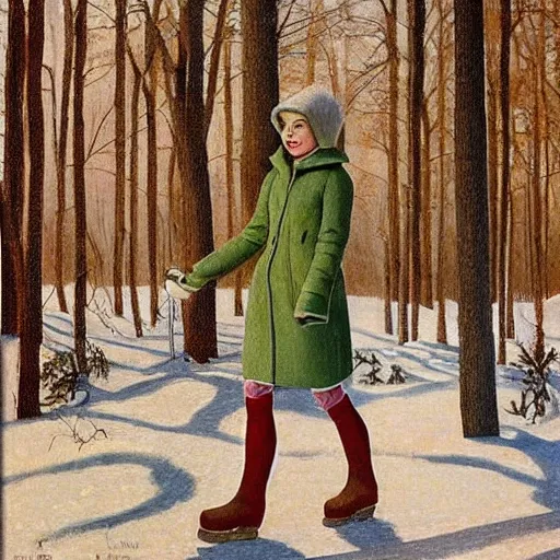 Image similar to emma stone in boots walking to outdoor toilet, winter, russian depression, chthonic, by grant wood, shulzhenko, nikolay kopeykin, lozhkin, vdovenko