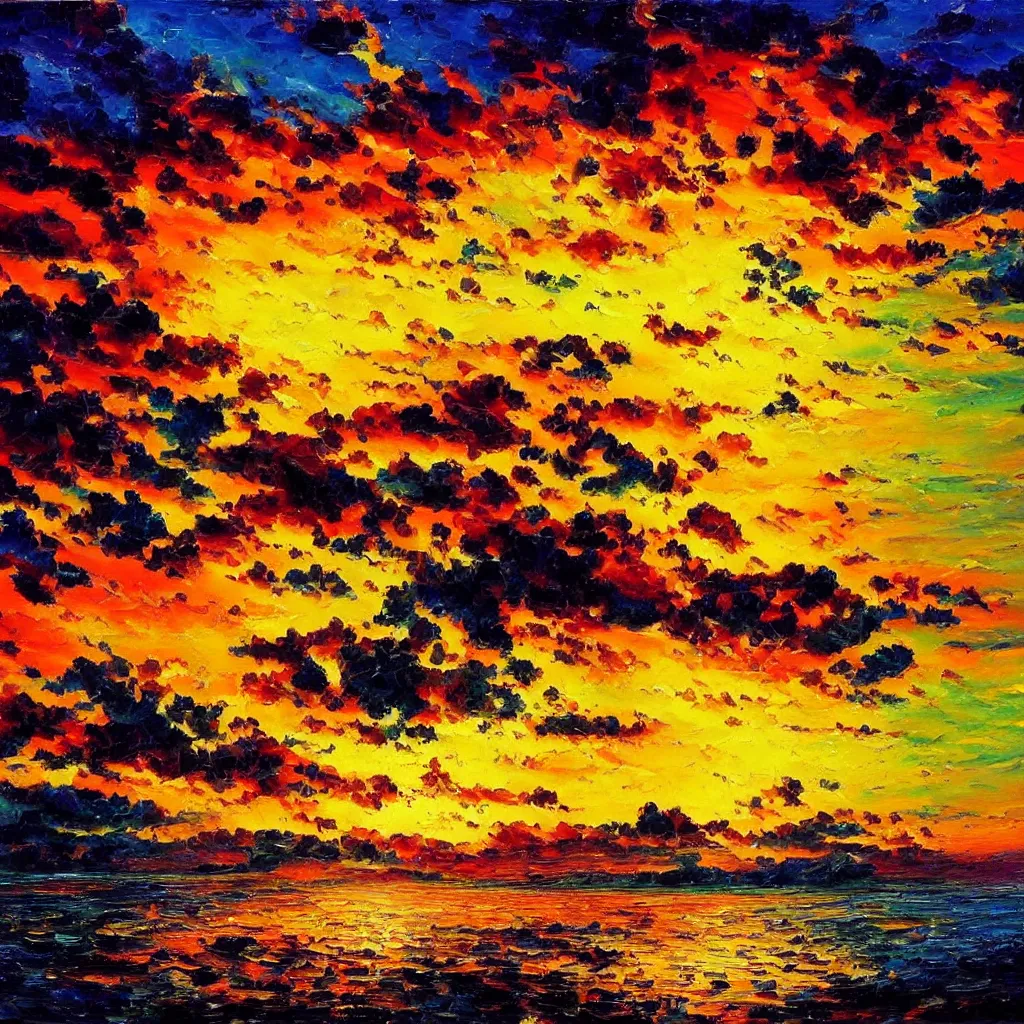 Image similar to an impasto oil painting of a stunning, colorful sunset painted by ken hong leung