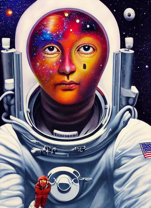 Image similar to beautiful portrait painting of the first man in space with aliens, by Afarin Sajedi, Alessandro Barbucci, Alex Gross, Shin Jeongho, Shohei Otomo. trending on Artstation, 8k, masterpiece, face enhance, graffiti paint, fine detail, full of color, intricate detail, golden ratio illustration