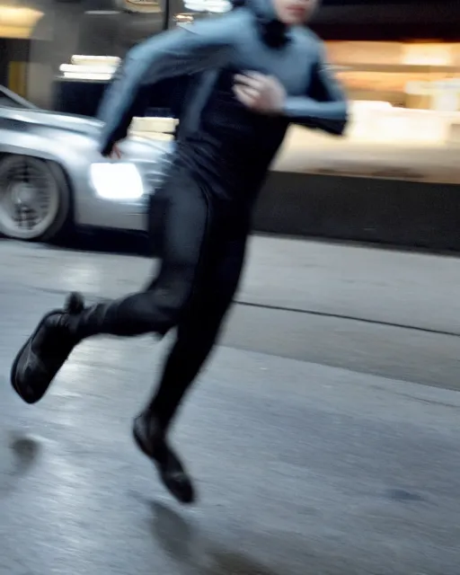 Image similar to photo of evan peters, as quicksilver, racing at hyper speed thru the streets of nyc. ever thing is a blur via long exposure like effect, but he is in sharp focus.