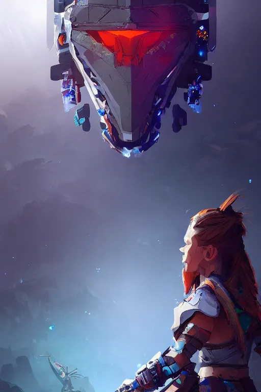 Image similar to combination suit armor aloy horizon forbidden west horizon zero dawn radiating a glowing aura global illumination ray tracing hdr fanart arstation by ian pesty and alena aenami artworks in 4 k tribal robot ninja mask helmet backpack