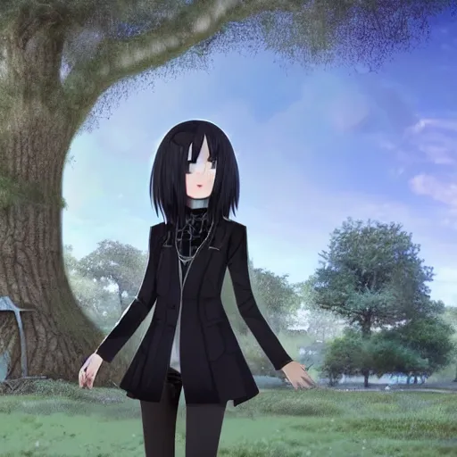 Image similar to 1 7 - year - old pale - skinned persian girl with black long bob cut, long bangs, black gothic jacket, black jeans, psychic girl, standing under treehouse in city plaza, urban plaza, treehouse hotel, large tree, ultra - realistic, sharp details, subsurface scattering, blue sunshine, intricate details, hd anime, 2 0 1 9 anime