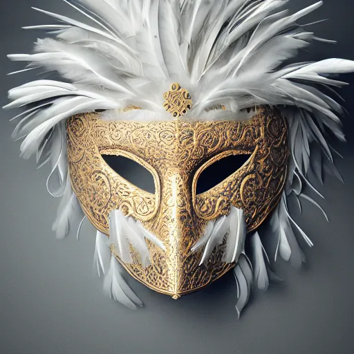 Prompt: an elaborate intricate mask made of feathers surrounded by storm clouds, rendered in octane, behance hd, bokeh backdrop