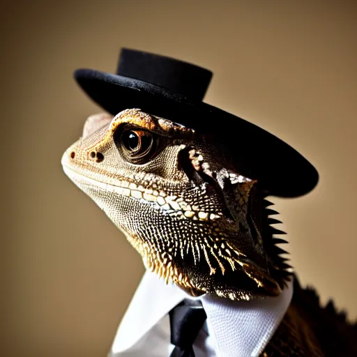 Image similar to dslr portrait still of a bearded dragon wearing a top hat and neck tie 8 k 8 5 mm f 1. 4