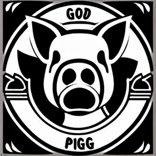 Image similar to good pig king logo Illustrated by Shepard Fairey, H.R. Geiger, black and white, high contrast, high detailed sharp outlines, hyper realistic, vector art