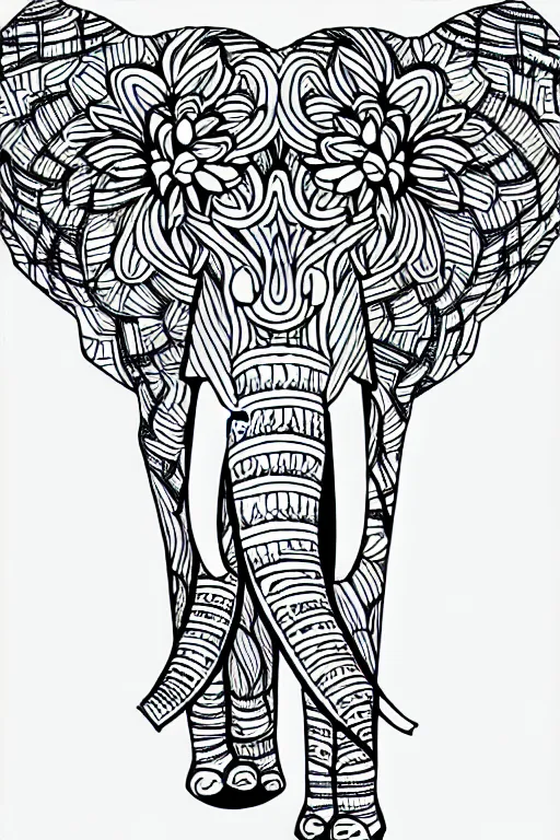 Prompt: elephant ornaments fractal ink drawing line art colouring page