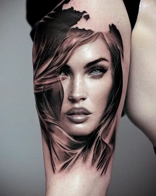 Image similar to creative double exposure effect tattoo design sketch of megan fox faded with beautiful mountain scenery, realism tattoo, in the style of matteo pasqualin, amazing detail, sharp