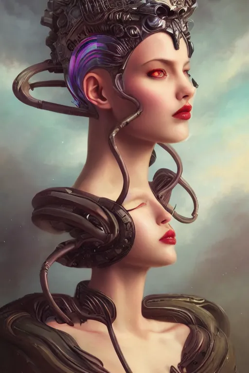 Prompt: portrait of an elegant alien queen, straight on portrait, by artgerm, tom bagshaw, gerald brom, vaporwave colors, lo - fi colors, vaporwave, lo - fi, moody vibe, goth vibe, 4 k, hd,