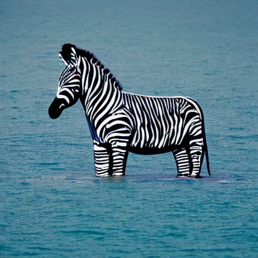 Prompt: a metal zebra standing in the middle of the sea