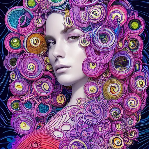 Prompt: the portrait of a ridiculously beautiful and elegant woman partially made of onion rings of all colors, an ultrafine detailed illustration by james jean, final fantasy, intricate linework, bright colors, behance contest winner, vanitas, angular, altermodern, unreal engine 5 highly rendered, global illumination, radiant light, detailed and intricate environment