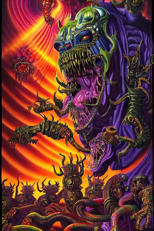 Image similar to a hyperrealistic painting of an epic boss fight against an ornate supreme dark overlord, cinematic horror by chris cunningham, lisa frank, richard corben, highly detailed, vivid color,