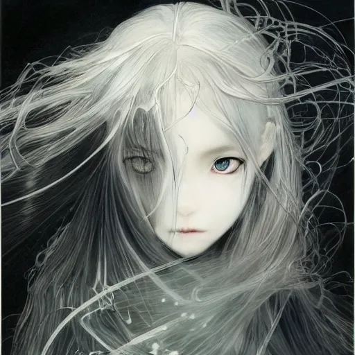 Prompt: yoshitaka amano blurred and dreamy realistic illustration of an anime girl with wavy white hair and cracks on her face wearing elden ring armor with the cape fluttering in the wind, abstract black and white patterns on the background, noisy film grain effect, highly detailed, renaissance oil painting, weird portrait angle