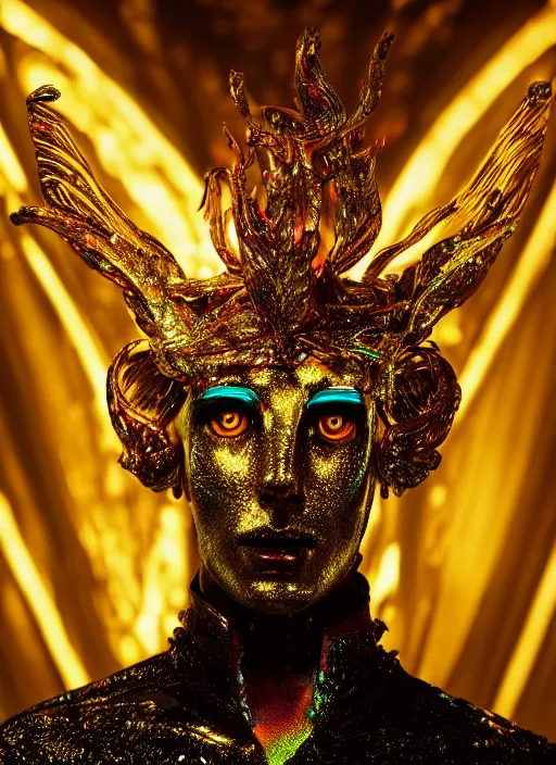 Image similar to photo of baroque and bladerunner delicate neon emerald sculpture of seductive king adrien sahores tigers orange iridescent humanoid deity wearing metallic jungle leaves holding the sun prismatic dungeon, glowing rainbow face, crown of white diamonds, cinematic lighting, photorealistic, octane render 8 k depth of field 3 d
