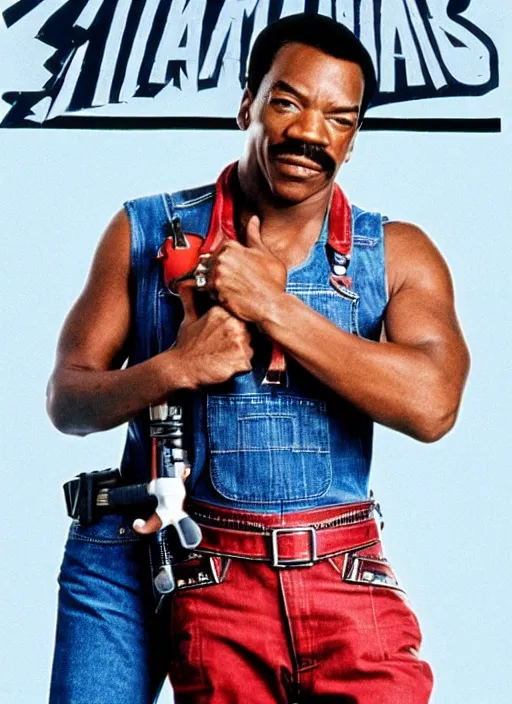 Image similar to an 8 0's john alvin action movie poster starring eddie murphy face as a plumber to rich people. bathroom. overalls. tool belt. the movie is called beverly hills crap
