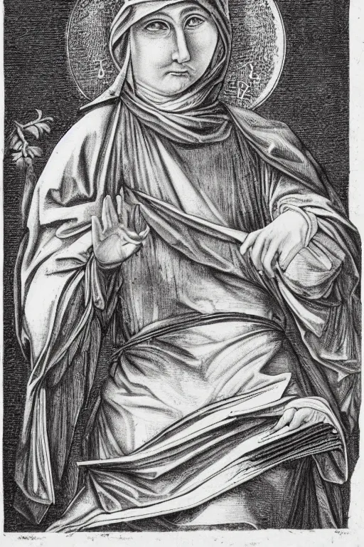 Prompt: A copper engraving of st. catherine of bologna, wise, elegant, HD, 4k, 8k, incredibly detailed, intricate, masterpiece,