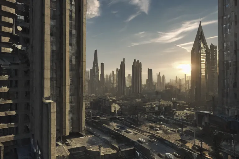 Image similar to streetscape, a towering cathedral of brutalist architecture, buildings covered with greebles, stunning volumetric light, sunset, metal, concrete and translucent material, stunning skies, majestic landscape, trending on Artstation, 8k, photorealistic, hyper detailed, unreal engine 5, IMAX quality, cinematic, epic lighting, in the style of Greg Rutkowski