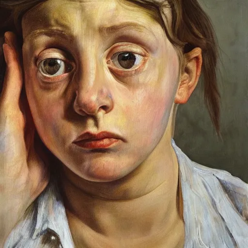 Prompt: high quality high detail painting by lucian freud, hd, portrait of a girl looking at the distance with despair, photorealistic lighting