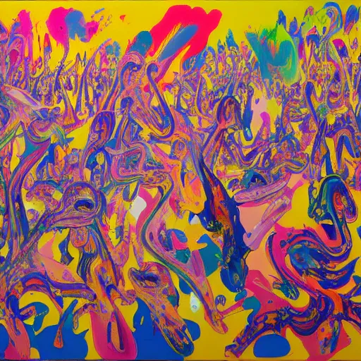 Image similar to people in the crowd, an ultrafine detailed painting by peter max and francis bacon and fiona rae and maryam hashemi and hernan bas and anna mond and max gubler, featured on deviantart, metaphysical painting, neo expressionism, pop surrealism, melting paint, biomorphic, mixed media, photorealistic, dripping paint, palette knife texture, masterpiece