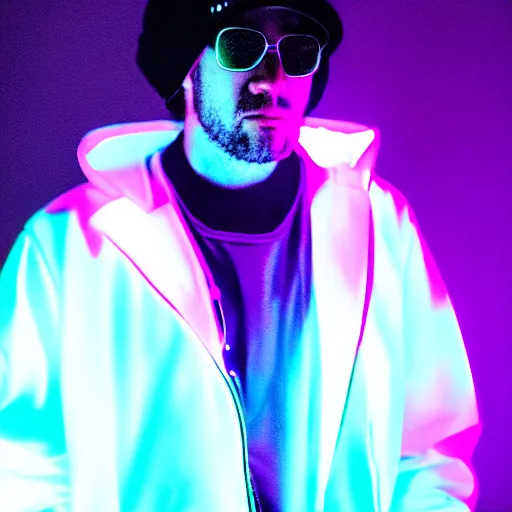 Image similar to the goat dj in a white jacket, retrowave, neon light,