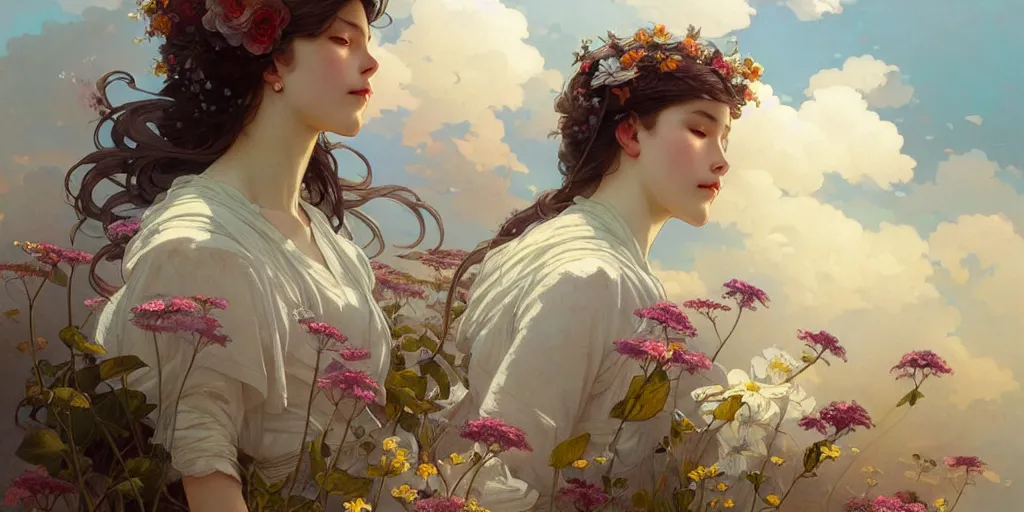 Prompt: a beautiful illustration of flowers and clouds, intricate, sharp focus, illustration, highly detailed, digital painting, concept art, matte, art by wlop and artgerm and greg rutkowski and alphonse mucha, masterpiece