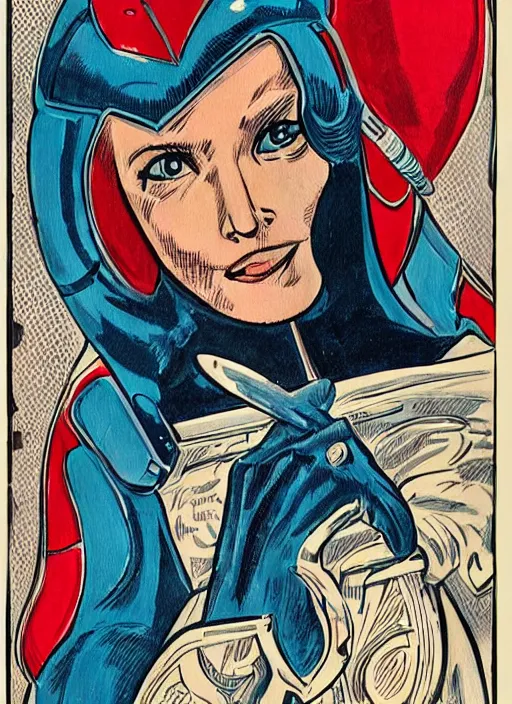 Prompt: head and shoulders portrait of a female knight. well composed, clean elegant painting, beautiful detailed face. comic book art by steve ditko and jack kirby