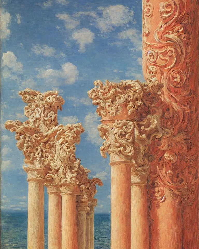 Prompt: achingly beautiful painting of intricate ancient roman corinthian capital on coral background by rene magritte, monet, and turner. giovanni battista piranesi.